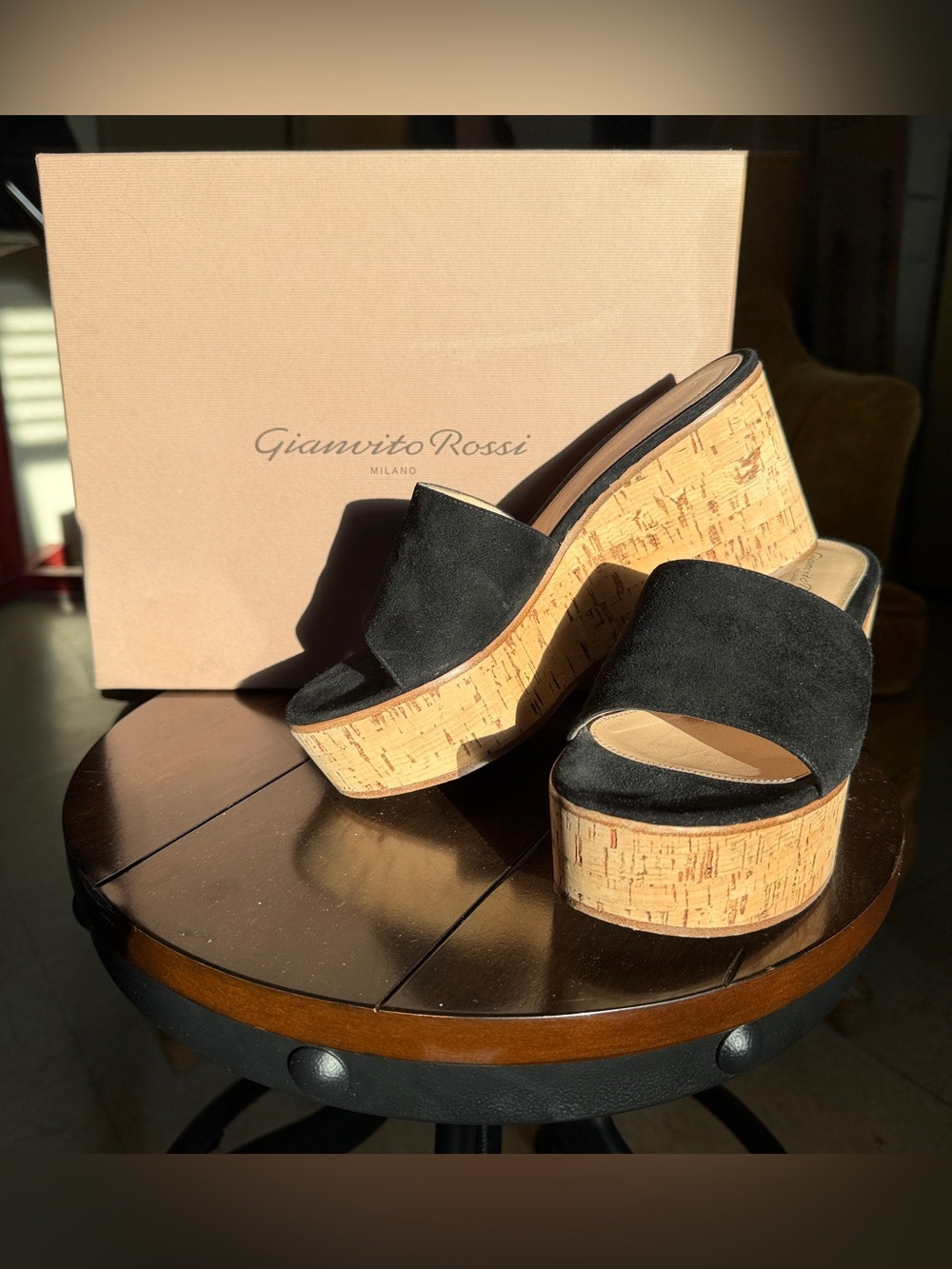 Gianvito Rossi Black suede Cork Platform Mules
